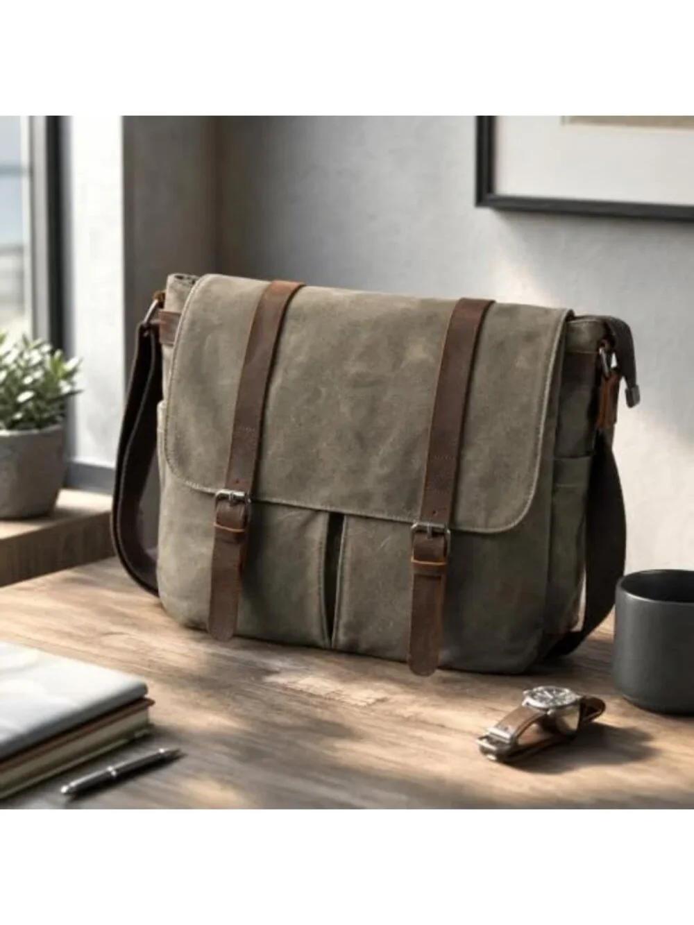 Vintage Leather & Waxed Canvas Briefcase - Large Rugged Satchel for 15.6